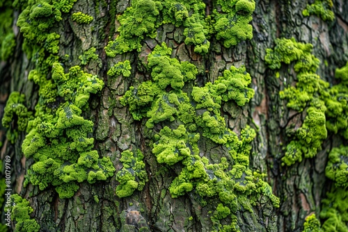 Close-up view of damp moss texture enveloping a tree trunk, accentuating its natural beauty