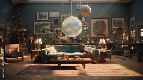Curate a parallel universe living room with surreal elements and a sense of otherworldliness