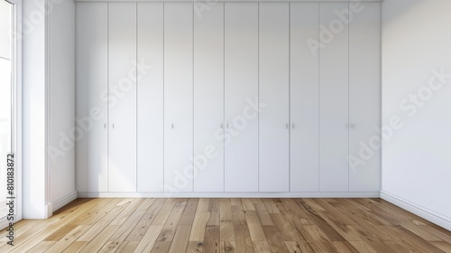 Close-up shot of a sleek white closet against a contrasting wooden floor, showcasing its stylish and simple construction
