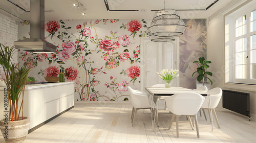 Interior of modern stylish dining room with floral dec