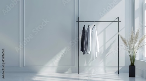 Detail shot of a sleek clothes rail in a sparse minimalist room, emphasizing the functionality and modern design