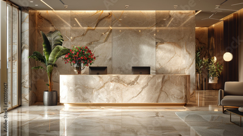 luxurious office lobby, sophisticated lobby design adorned with chic marble reception desk, contemporary art, and fresh blooms exuding elegance