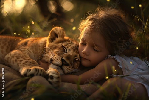 An intimate shot of a sleeping toddler cuddling with a dozing lion cub, bathed in the warm glow of fireflies, conveying a sense of companionship and adventure