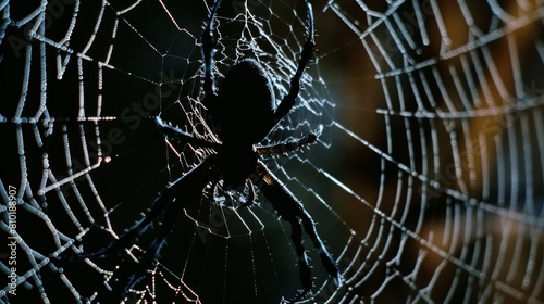 Mysterious spider silhouette on dewy web at night