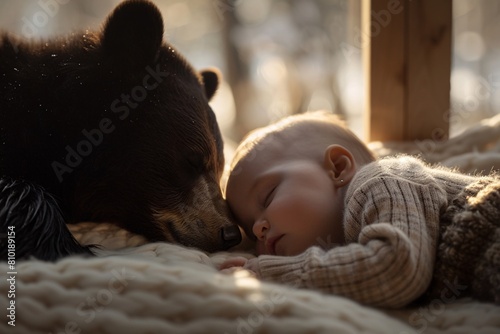 An intimate shot capturing a toddler peacefully napping next to a dozing bear cub, illuminated by the warm light of a sunrise, radiating a sense of harmony and wonder