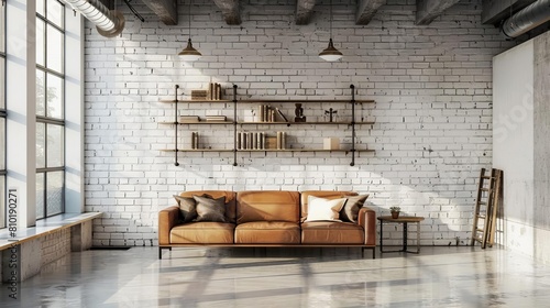 Sleek industrial minimalist living room with polished concrete floors, white brick walls, and a tan leather couch Wooden shelves add warmth
