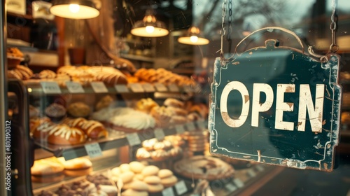Vintage OPEN sign on bakery shop window. Local business and fresh bakery products concept.