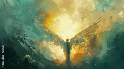 celestial angel with wings and halo digital painting illustration