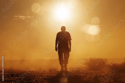A powerful close-up of a weary man walking in the intense desert sun, symbolizing perseverance and resilience