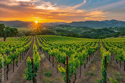 A picturesque vineyard at sunset, with rows of grapevines stretching toward the horizon, bathed in the warm glow of the evening light