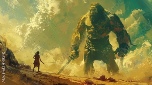 digital painting of david confronting the giant goliath ancient warrior scene