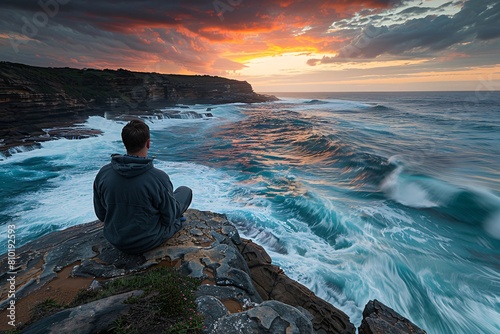 A man sitting on a rocky outcrop overlooking a rugged coastline, with waves crashing against the cliffs below, under the dramatic hues of a sunset sky, contemplating the beauty and power of the sea