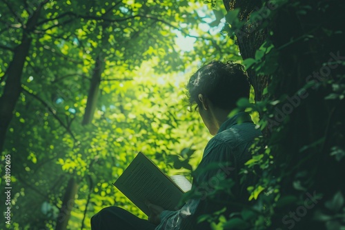 A man reading a book under a canopy of trees, the dappled sunlight filtering through the leaves as he loses himself in the pages