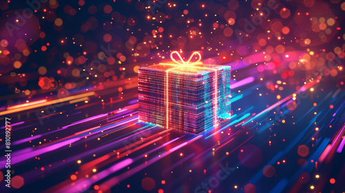  A gift box symbol set against a dynamic, digital themed backdrop. This design uses bright colors to attract tech-oriented shoppers, perfect for promoting digital consumer incentives