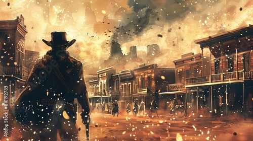 dramatic western showdown scene cowboy ready for duel vintage wild west town gritty cinematic atmosphere digital painting