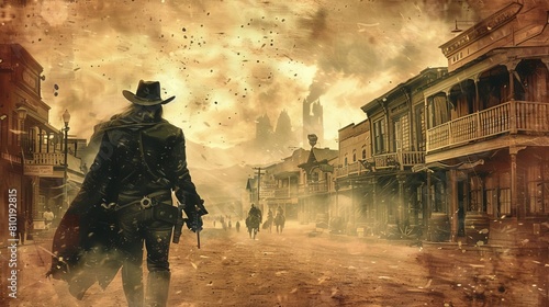 dramatic western showdown scene cowboy ready for duel vintage wild west town gritty cinematic atmosphere digital painting