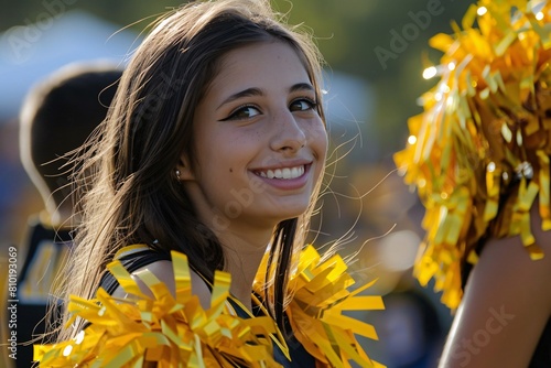 A detailed image showcasing the spirited performance of a Pom-pom girl on the sidelines
