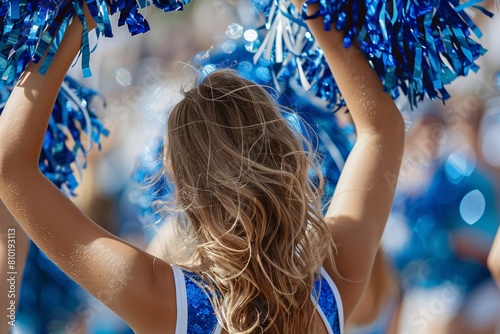A detailed image showcasing the spirited performance of a Pom-pom girl cheering on the sidelines