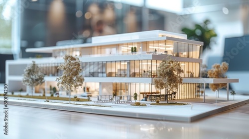 The image shows a scale model of a modern office building.