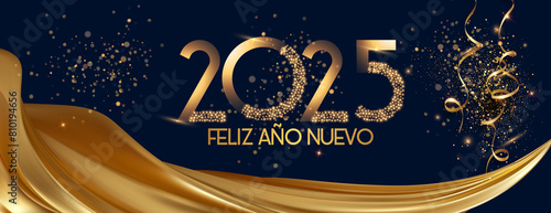 tarjeta o diadema para desear un feliz año nuevo 2025 en dorado con una cortina de tela dorada sobre fondo negro con lentejuelas y serpentinas doradas