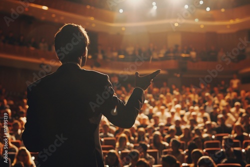 A businessman delivering a motivating speech to his employees in a packed auditorium