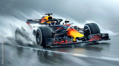 Paint a scene of intense competition as a Formula 1 car overtakes on a track blasted by a sudden gust