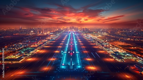 Produce an overhead view of airport runway lighting systems, with runway edge lights, threshold lights, and approach lighting aiding pilots