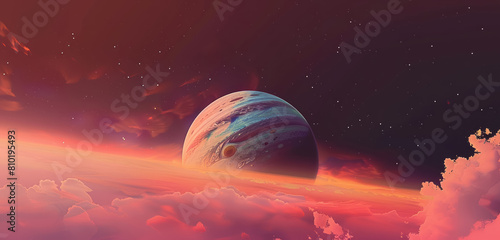surreal cosmic scene with planet Jupiter floating above vibrant cloudscapes, panoramic