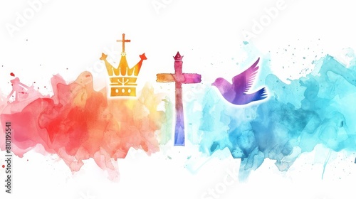 holy trinity symbols of cross crown and dove on watercolor background vector illustration