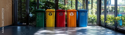 The photo shows four colorful recycle bins in an office building.