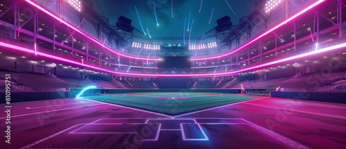 A baseball stadium transformed into a neonlit venue, featuring interactive holographic players and an empty pitch, tailored for an AI visual with copy space