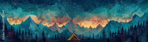 A cozy campsite under a starlit sky in the mountains, illustrated in a folk art style with space for a quote about adventure