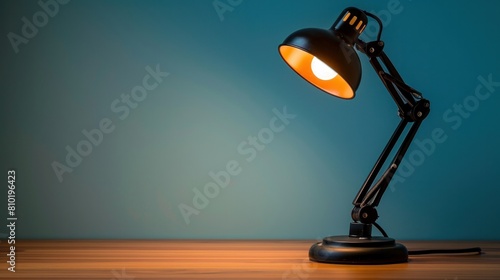 A minimalist office desk lamp casting a warm glow, highlighting the ample copy space in the background