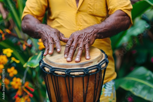 A tight shot of a male percussionist immersed in the rhythms of Latin music, his hands skillfully dancing across bongo drums, with vibrant tropical foliage in the background