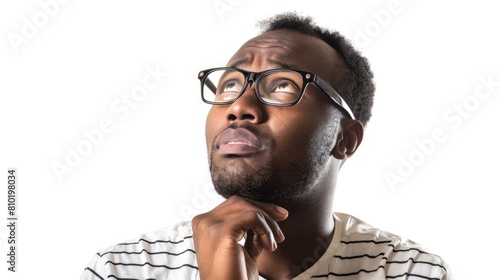 A young African-American man wearing glasses is looking up and thinking. AIG51A.