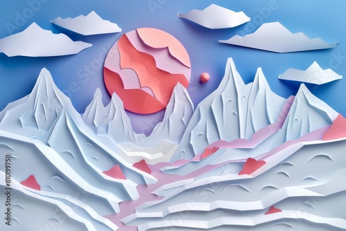 Fantasy landscape of Glacier, depicted with the crispness of paper art styles, creating a sharp contrast, banner template sharpen with copy space