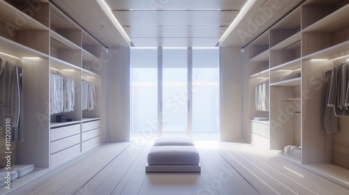 Modern minimalist closet, completely empty, showcasing the purity of the design and the spacious interior