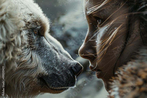 A detailed visual of a human and a bear meeting eye to eye, illustrating courage and harmony