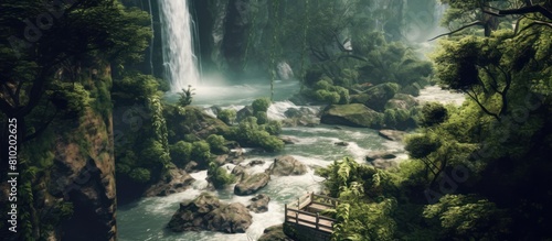 a waterfall with a river full of rocks in a lush forest