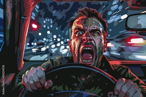 furious man yelling aggressively while driving a car in heavy traffic expressing road rage and stress digital illustration