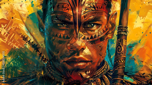 An artistic rendering showcases a Maori man adorned in traditional attire