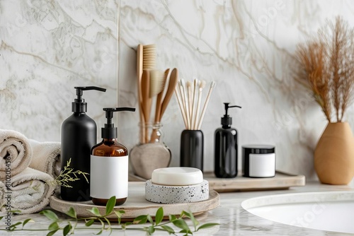 luxurious toiletries set elegantly arranged on white marble tabletop in stylish bathroom interior promoting selfcare and pampering product photography