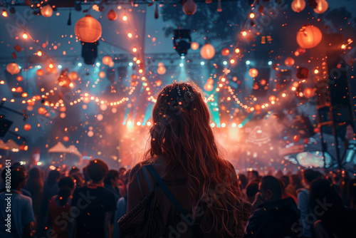 A lively music festival buzzing with the beats of eclectic sounds and the cheers of enthusiastic crowds. Concept of musical diversity and cultural celebration. Generative Ai.