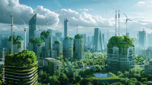The snapshot of an advanced urban skyline with green roofs, solar power, and wind energy adapted to office buildings, representing a commitment to carbon neutrality. Corporate carbon reduction
