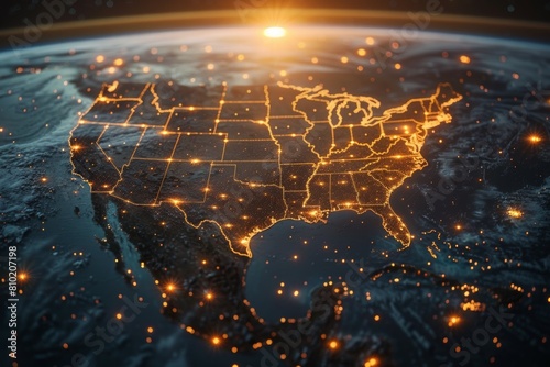 A map of the United States is lit up with bright lights