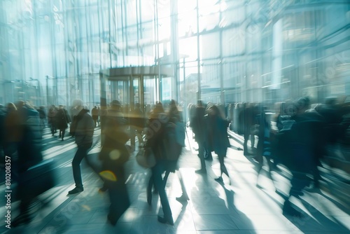 urban business hustle blurred crowd of professionals walking in modern entrance dynamic city life abstract motion blur
