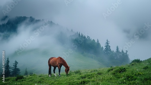 The horse grazes in a mountain pasture where, after rain, green pastures in the alpine zone in the Carpathians are covered