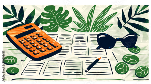 Desk with calculator, pencil, sunglasses and written paper, surrounded by thriving plants, Financial Planning, thriving plants, Minimal Vector illustration