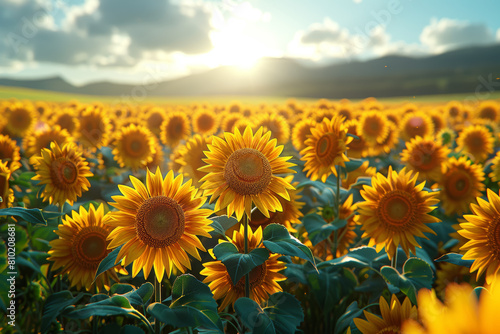 A sun-kissed field of sunflowers stretching towards the horizon, their golden petals swaying in the gentle breeze like dancers in a choreographed ballet. Generative Ai.