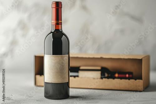 A bottle of wine is sitting in cardboard box